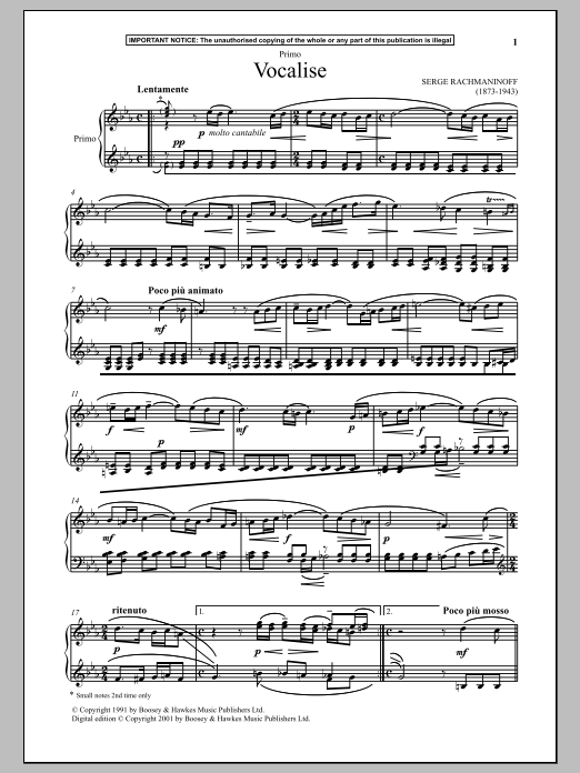 Preview Sergei Rachmaninoff Vocalise Classical sheet music, notes and chords for Piano Duet, SKU: 90255 sheet music, piano notes, chords, guitar tabs, score, transpose, transcribe, how to play, guide, download, learn, tutorial, progression, song, artist, awards, billboard, mtv, vh1, tour, single, album, release
