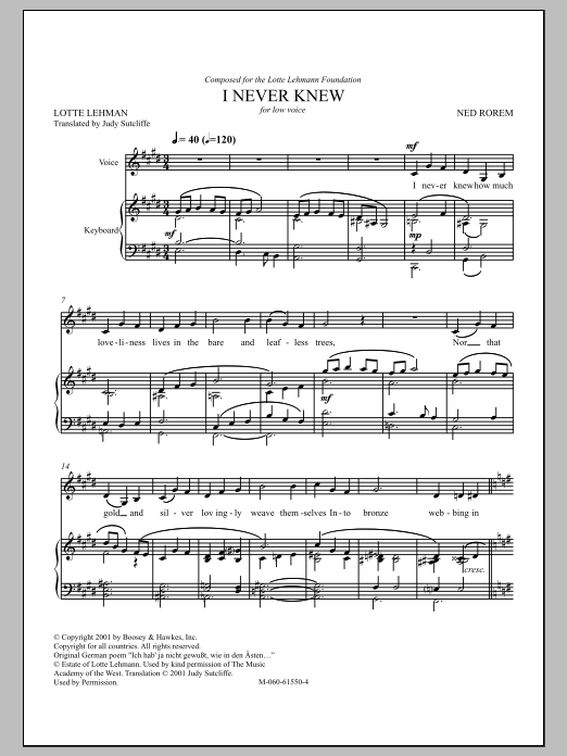 Preview Ned Rorem I Never Knew Classical sheet music, notes and chords for Piano, SKU: 90273 sheet music, piano notes, chords, guitar tabs, score, transpose, transcribe, how to play, guide, download, learn, tutorial, progression, song, artist, awards, billboard, mtv, vh1, tour, single, album, release