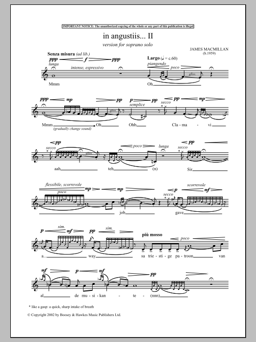 Preview James MacMillan In Angustiis Classical sheet music, notes and chords for Soprano, SKU: 90338 sheet music, piano notes, chords, guitar tabs, score, transpose, transcribe, how to play, guide, download, learn, tutorial, progression, song, artist, awards, billboard, mtv, vh1, tour, single, album, release