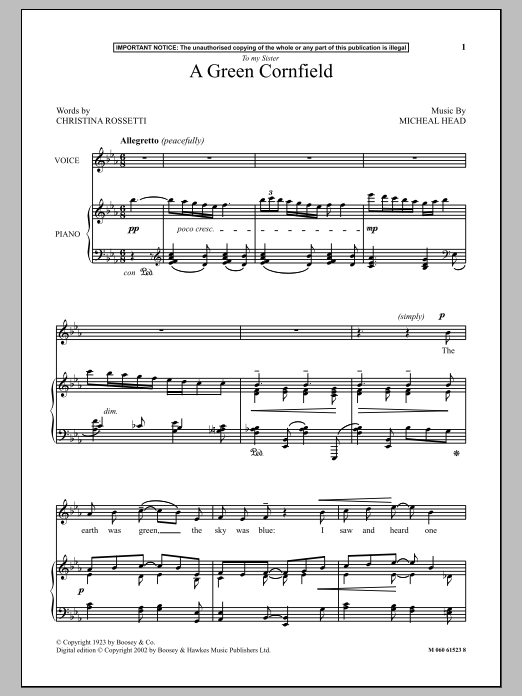 Preview Michael Head A Green Cornfield Classical sheet music, notes and chords for Piano, SKU: 90926 sheet music, piano notes, chords, guitar tabs, score, transpose, transcribe, how to play, guide, download, learn, tutorial, progression, song, artist, awards, billboard, mtv, vh1, tour, single, album, release