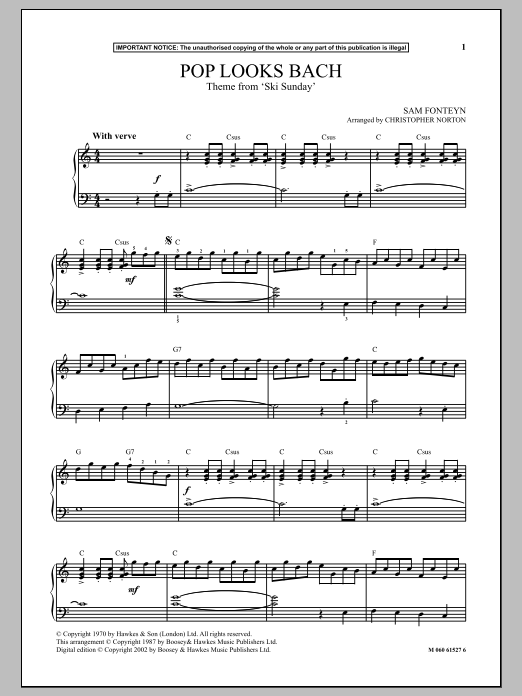Preview Christopher Norton Pop Looks Bach (Theme from Ski Sunday) Classical sheet music, notes and chords for Piano, SKU: 90961 sheet music, piano notes, chords, guitar tabs, score, transpose, transcribe, how to play, guide, download, learn, tutorial, progression, song, artist, awards, billboard, mtv, vh1, tour, single, album, release