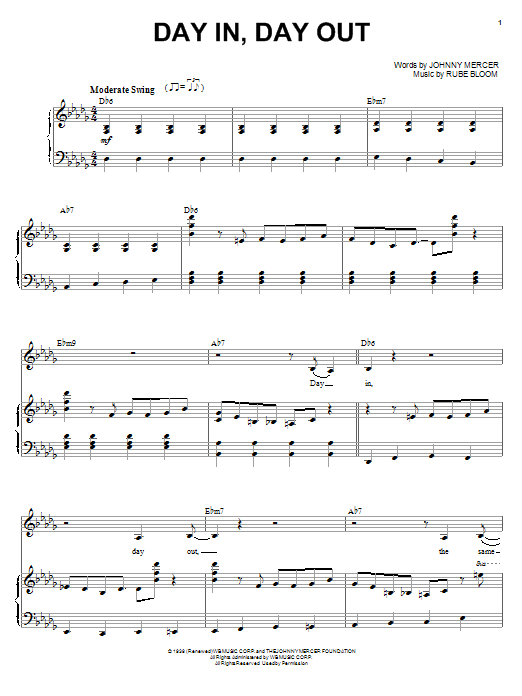 Preview Diana Krall Day In, Day Out Pop sheet music, notes and chords for Piano & Vocal, SKU: 91597 sheet music, piano notes, chords, guitar tabs, score, transpose, transcribe, how to play, guide, download, learn, tutorial, progression, song, artist, awards, billboard, mtv, vh1, tour, single, album, release