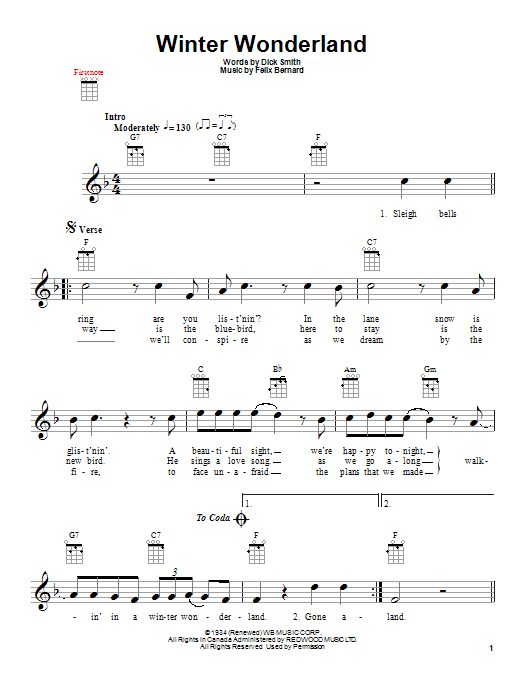 Preview Felix Bernard Winter Wonderland Christmas sheet music, notes and chords for Ukulele, SKU: 91693 sheet music, piano notes, chords, guitar tabs, score, transpose, transcribe, how to play, guide, download, learn, tutorial, progression, song, artist, awards, billboard, mtv, vh1, tour, single, album, release