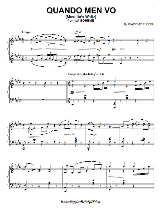 Preview Giacomo Puccini Quando Men Vo (Musetta's Waltz) Classical sheet music, notes and chords for Piano, SKU: 91794 sheet music, piano notes, chords, guitar tabs, score, transpose, transcribe, how to play, guide, download, learn, tutorial, progression, song, artist, awards, billboard, mtv, vh1, tour, single, album, release