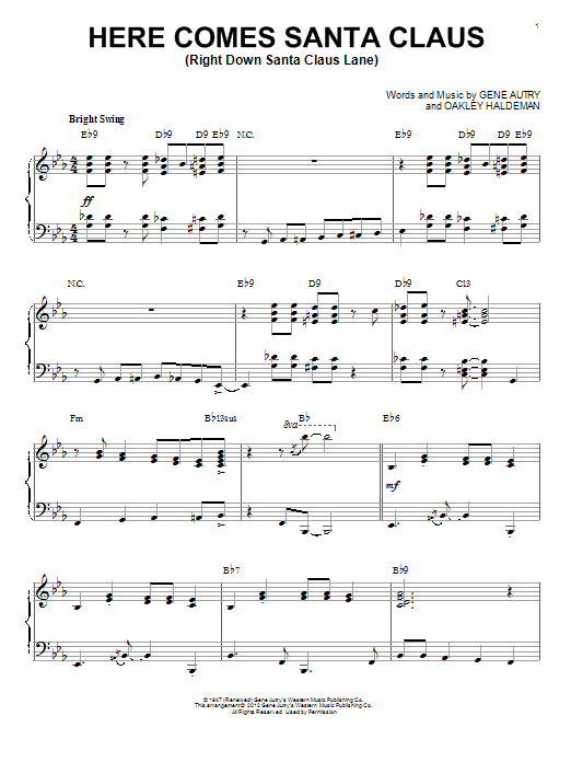 Preview Gene Autry Here Comes Santa Claus (Right Down Santa Claus Lane) Christmas sheet music, notes and chords for Piano, SKU: 92312 sheet music, piano notes, chords, guitar tabs, score, transpose, transcribe, how to play, guide, download, learn, tutorial, progression, song, artist, awards, billboard, mtv, vh1, tour, single, album, release