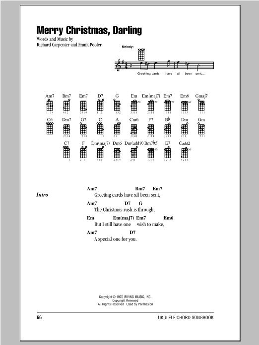 Preview Carpenters Merry Christmas, Darling Christmas sheet music, notes and chords for Ukulele with strumming patterns, SKU: 92763 sheet music, piano notes, chords, guitar tabs, score, transpose, transcribe, how to play, guide, download, learn, tutorial, progression, song, artist, awards, billboard, mtv, vh1, tour, single, album, release