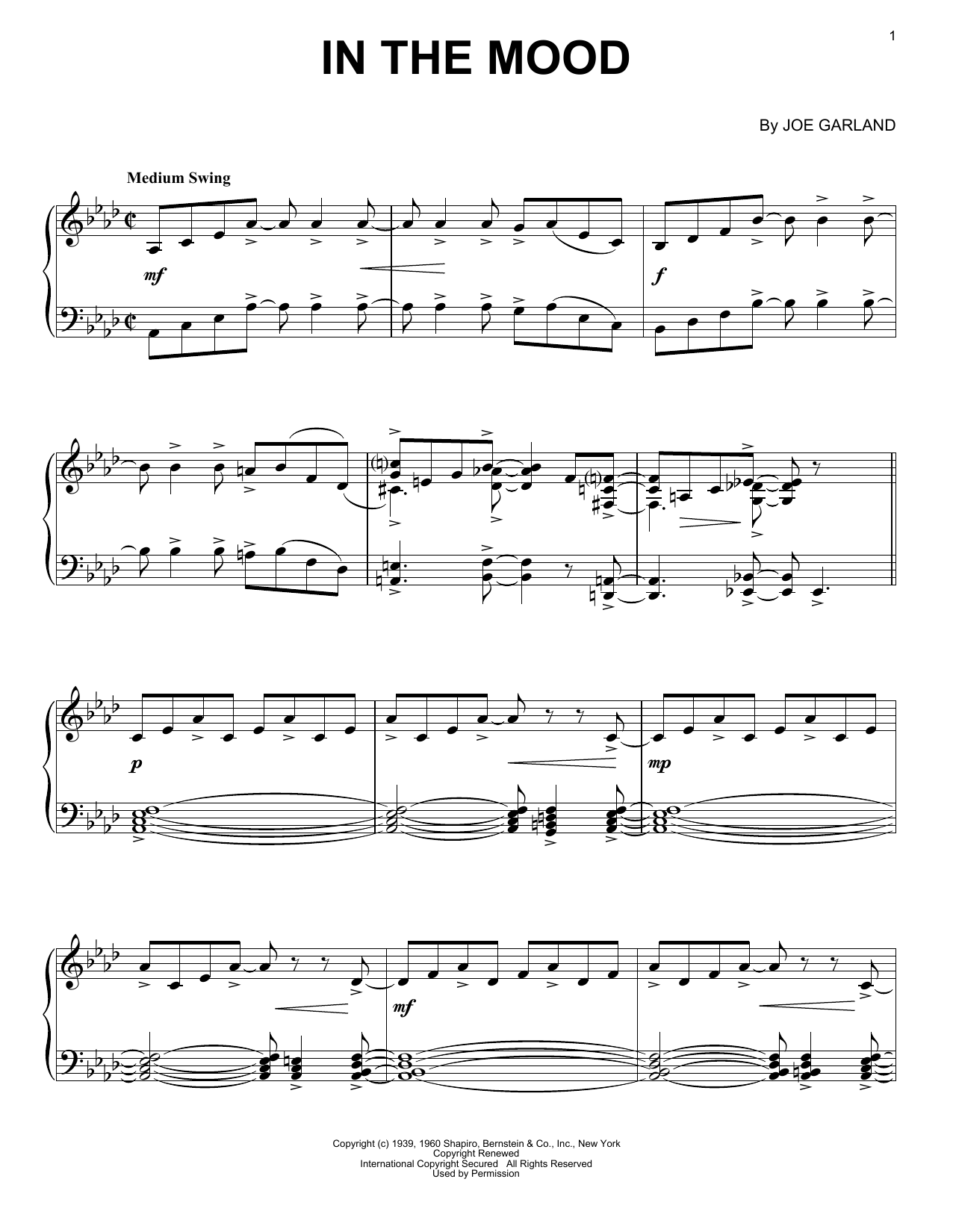 Preview Glenn Miller & His Orchestra In The Mood Jazz sheet music, notes and chords for Piano, SKU: 93536 sheet music, piano notes, chords, guitar tabs, score, transpose, transcribe, how to play, guide, download, learn, tutorial, progression, song, artist, awards, billboard, mtv, vh1, tour, single, album, release