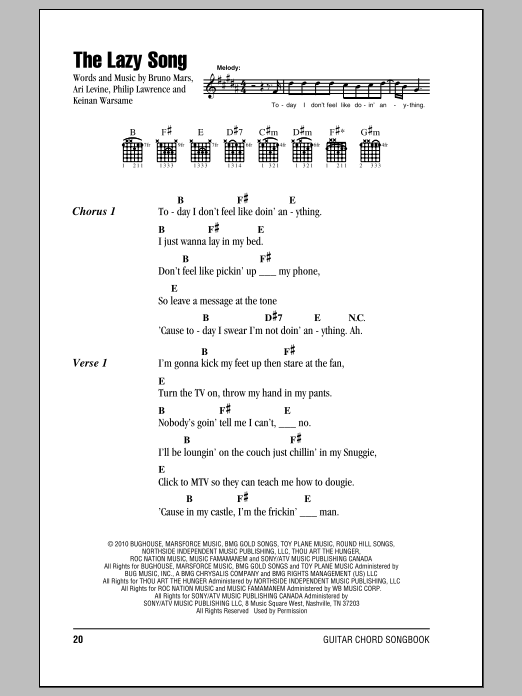Preview Bruno Mars The Lazy Song Rock sheet music, notes and chords for Lyrics & Chords, SKU: 93661 sheet music, piano notes, chords, guitar tabs, score, transpose, transcribe, how to play, guide, download, learn, tutorial, progression, song, artist, awards, billboard, mtv, vh1, tour, single, album, release