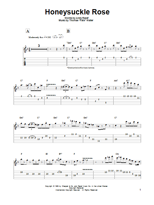 Preview Django Reinhardt Honeysuckle Rose Jazz sheet music, notes and chords for Guitar Tab Play-Along, SKU: 94309 sheet music, piano notes, chords, guitar tabs, score, transpose, transcribe, how to play, guide, download, learn, tutorial, progression, song, artist, awards, billboard, mtv, vh1, tour, single, album, release