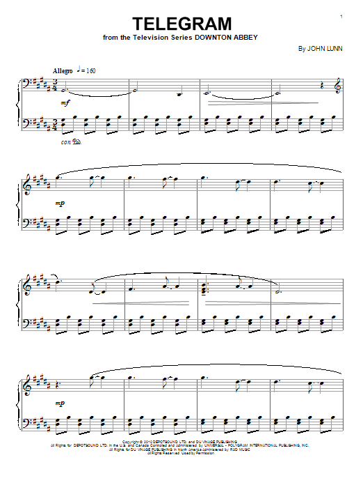 Preview John Lunn Telegram Film and TV sheet music, notes and chords for Piano, SKU: 95118 sheet music, piano notes, chords, guitar tabs, score, transpose, transcribe, how to play, guide, download, learn, tutorial, progression, song, artist, awards, billboard, mtv, vh1, tour, single, album, release
