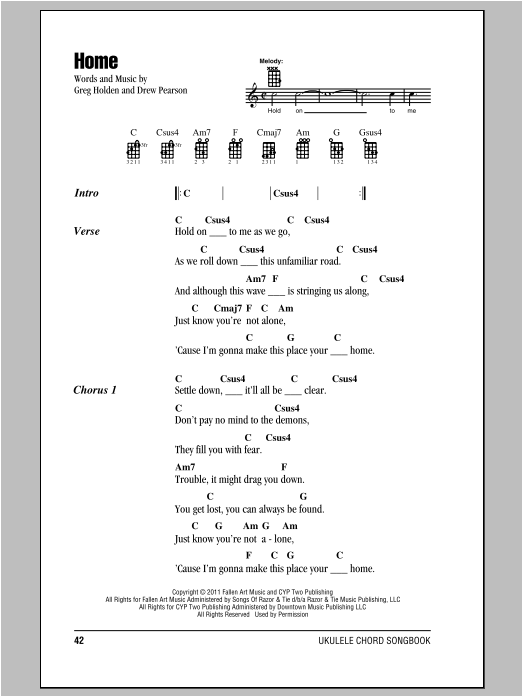 Preview Phillip Phillips Home Pop sheet music, notes and chords for Ukulele Chords/Lyrics, SKU: 96364 sheet music, piano notes, chords, guitar tabs, score, transpose, transcribe, how to play, guide, download, learn, tutorial, progression, song, artist, awards, billboard, mtv, vh1, tour, single, album, release
