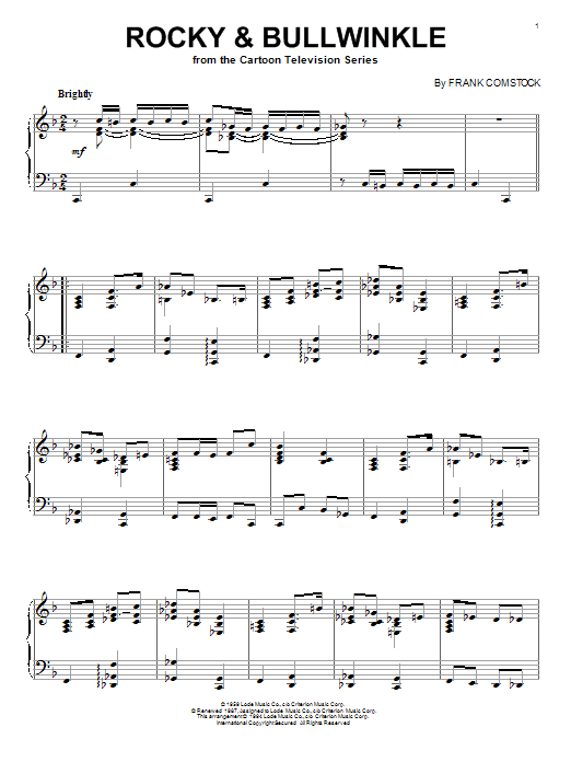 Preview Frank Comstock Rocky & Bullwinkle Unclassified sheet music, notes and chords for Piano, SKU: 97218 sheet music, piano notes, chords, guitar tabs, score, transpose, transcribe, how to play, guide, download, learn, tutorial, progression, song, artist, awards, billboard, mtv, vh1, tour, single, album, release