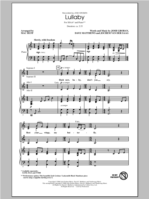 Preview Josh Groban Lullaby (arr. Mac Huff) Concert sheet music, notes and chords for SSAA, SKU: 97473 sheet music, piano notes, chords, guitar tabs, score, transpose, transcribe, how to play, guide, download, learn, tutorial, progression, song, artist, awards, billboard, mtv, vh1, tour, single, album, release