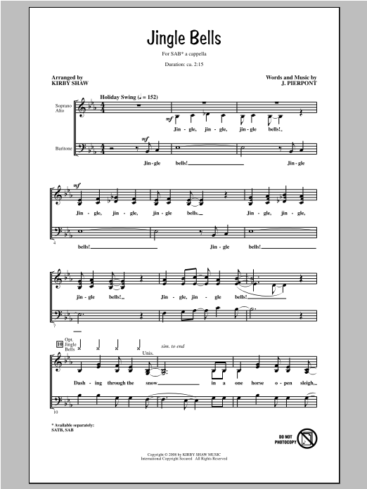 Preview J. Pierpont Jingle Bells (arr. Kirby Shaw) Christmas sheet music, notes and chords for SAB, SKU: 97480 sheet music, piano notes, chords, guitar tabs, score, transpose, transcribe, how to play, guide, download, learn, tutorial, progression, song, artist, awards, billboard, mtv, vh1, tour, single, album, release