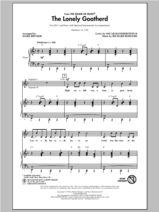 Preview Rodgers & Hammerstein The Lonely Goatherd (from The Sound of Music) (arr. Mark Brymer) Concert sheet music, notes and chords for SSA, SKU: 97969 sheet music, piano notes, chords, guitar tabs, score, transpose, transcribe, how to play, guide, download, learn, tutorial, progression, song, artist, awards, billboard, mtv, vh1, tour, single, album, release