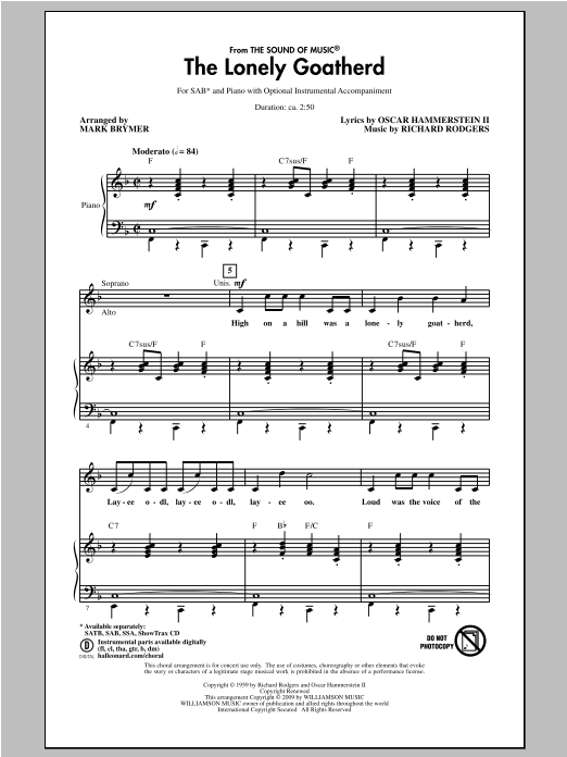Preview Rodgers & Hammerstein The Lonely Goatherd (from The Sound of Music) (arr. Mark Brymer) Concert sheet music, notes and chords for SAB, SKU: 97985 sheet music, piano notes, chords, guitar tabs, score, transpose, transcribe, how to play, guide, download, learn, tutorial, progression, song, artist, awards, billboard, mtv, vh1, tour, single, album, release
