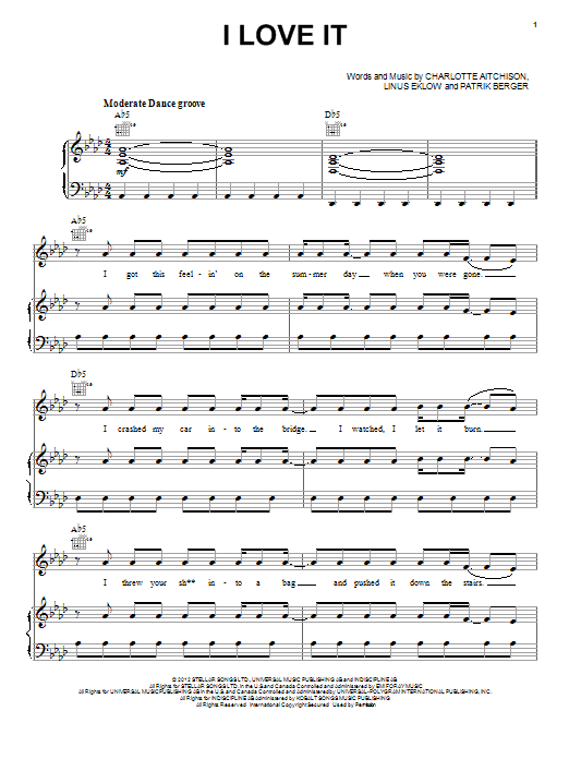 Preview Icona Pop I Love It Pop sheet music, notes and chords for Piano, Vocal & Guitar (Right-Hand Melody), SKU: 98067 sheet music, piano notes, chords, guitar tabs, score, transpose, transcribe, how to play, guide, download, learn, tutorial, progression, song, artist, awards, billboard, mtv, vh1, tour, single, album, release