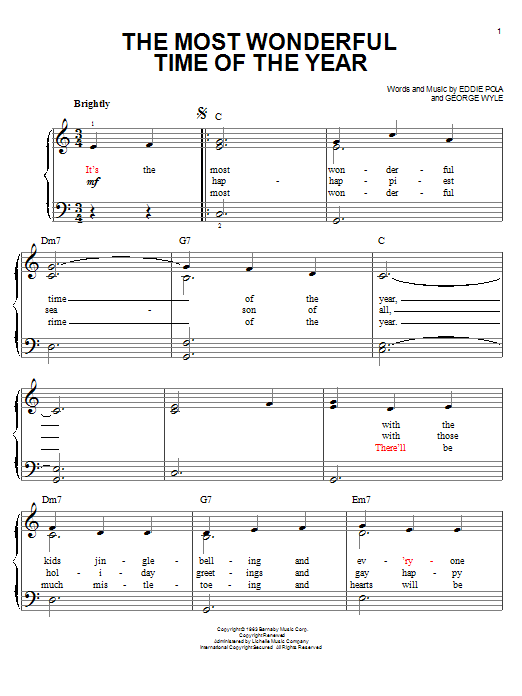 Preview George Wyle The Most Wonderful Time Of The Year Christmas sheet music, notes and chords for Easy Piano, SKU: 98388 sheet music, piano notes, chords, guitar tabs, score, transpose, transcribe, how to play, guide, download, learn, tutorial, progression, song, artist, awards, billboard, mtv, vh1, tour, single, album, release