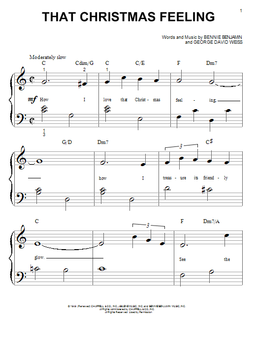 Preview George David Weiss That Christmas Feeling Christmas sheet music, notes and chords for Piano (Big Notes), SKU: 98956 sheet music, piano notes, chords, guitar tabs, score, transpose, transcribe, how to play, guide, download, learn, tutorial, progression, song, artist, awards, billboard, mtv, vh1, tour, single, album, release