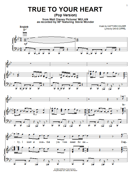 Preview 98 Degrees True To Your Heart (Pop Version) (feat. Stevie Wonder) Pop sheet music, notes and chords for Piano, Vocal & Guitar (Right-Hand Melody), SKU: 18209 sheet music, piano notes, chords, guitar tabs, score, transpose, transcribe, how to play, guide, download, learn, tutorial, progression, song, artist, awards, billboard, mtv, vh1, tour, single, album, release