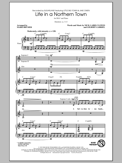 Preview Sugarland Life In A Northern Town (arr. Mark Brymer) Pop sheet music, notes and chords for SSA, SKU: 99015 sheet music, piano notes, chords, guitar tabs, score, transpose, transcribe, how to play, guide, download, learn, tutorial, progression, song, artist, awards, billboard, mtv, vh1, tour, single, album, release