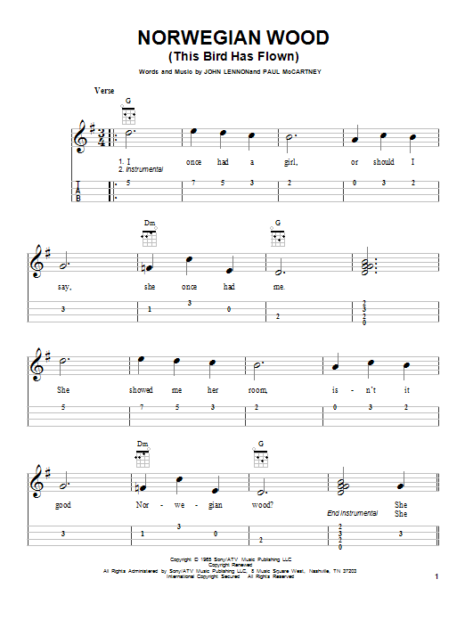 Preview The Beatles Norwegian Wood (This Bird Has Flown) Pop sheet music, notes and chords for Ukulele, SKU: 99467 sheet music, piano notes, chords, guitar tabs, score, transpose, transcribe, how to play, guide, download, learn, tutorial, progression, song, artist, awards, billboard, mtv, vh1, tour, single, album, release