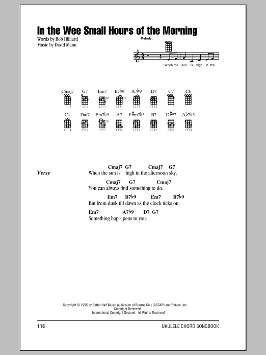 Preview Frank Sinatra In The Wee Small Hours Of The Morning Jazz sheet music, notes and chords for Ukulele with strumming patterns, SKU: 99746 sheet music, piano notes, chords, guitar tabs, score, transpose, transcribe, how to play, guide, download, learn, tutorial, progression, song, artist, awards, billboard, mtv, vh1, tour, single, album, release
