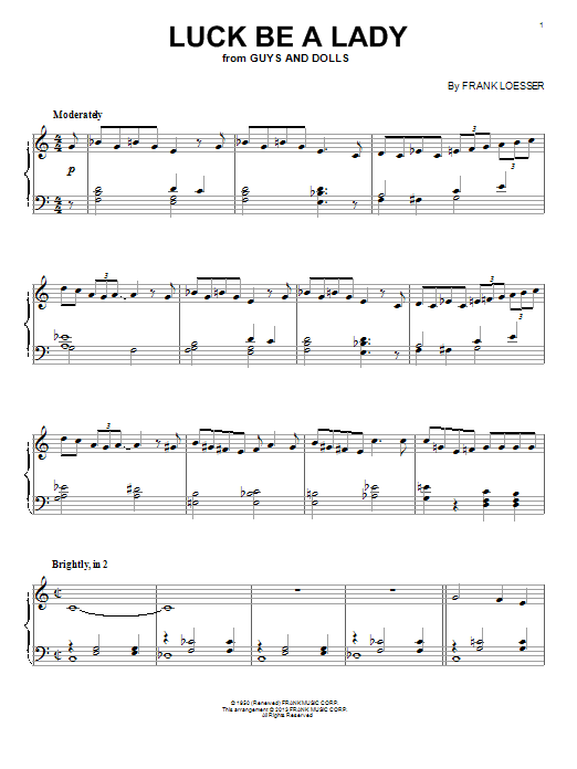Preview Frank Loesser Luck Be A Lady Broadway sheet music, notes and chords for Piano, SKU: 99948 sheet music, piano notes, chords, guitar tabs, score, transpose, transcribe, how to play, guide, download, learn, tutorial, progression, song, artist, awards, billboard, mtv, vh1, tour, single, album, release