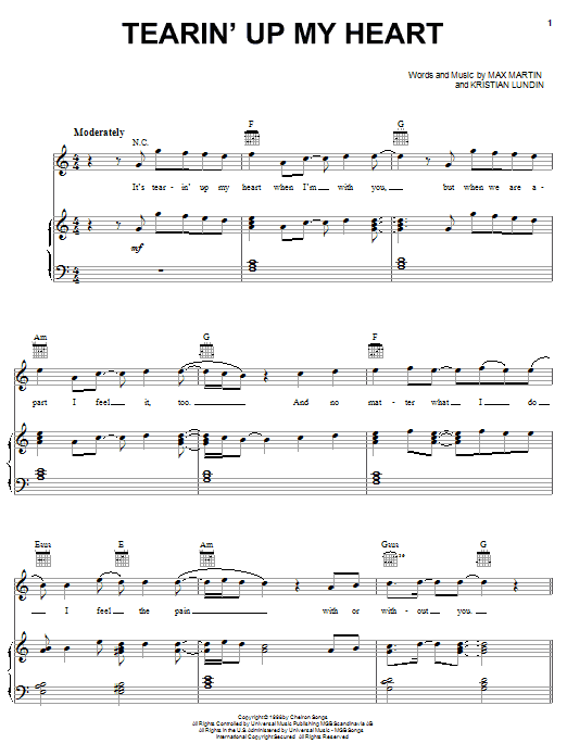 Preview 'N Sync Tearin' Up My Heart Pop sheet music, notes and chords for Piano, Vocal & Guitar (Right-Hand Melody), SKU: 18143 sheet music, piano notes, chords, guitar tabs, score, transpose, transcribe, how to play, guide, download, learn, tutorial, progression, song, artist, awards, billboard, mtv, vh1, tour, single, album, release