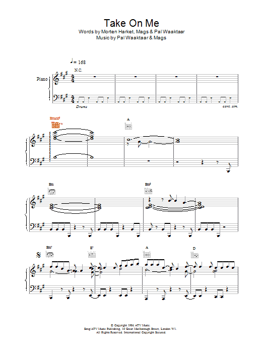 Download A-Ha Take On Me sheet music and printable PDF score & Pop music notes