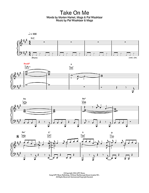 Preview A-Ha Take On Me Pop sheet music, notes and chords for Lyrics & Chords, SKU: 108295 sheet music, piano notes, chords, guitar tabs, score, transpose, transcribe, how to play, guide, download, learn, tutorial, progression, song, artist, awards, billboard, mtv, vh1, tour, single, album, release