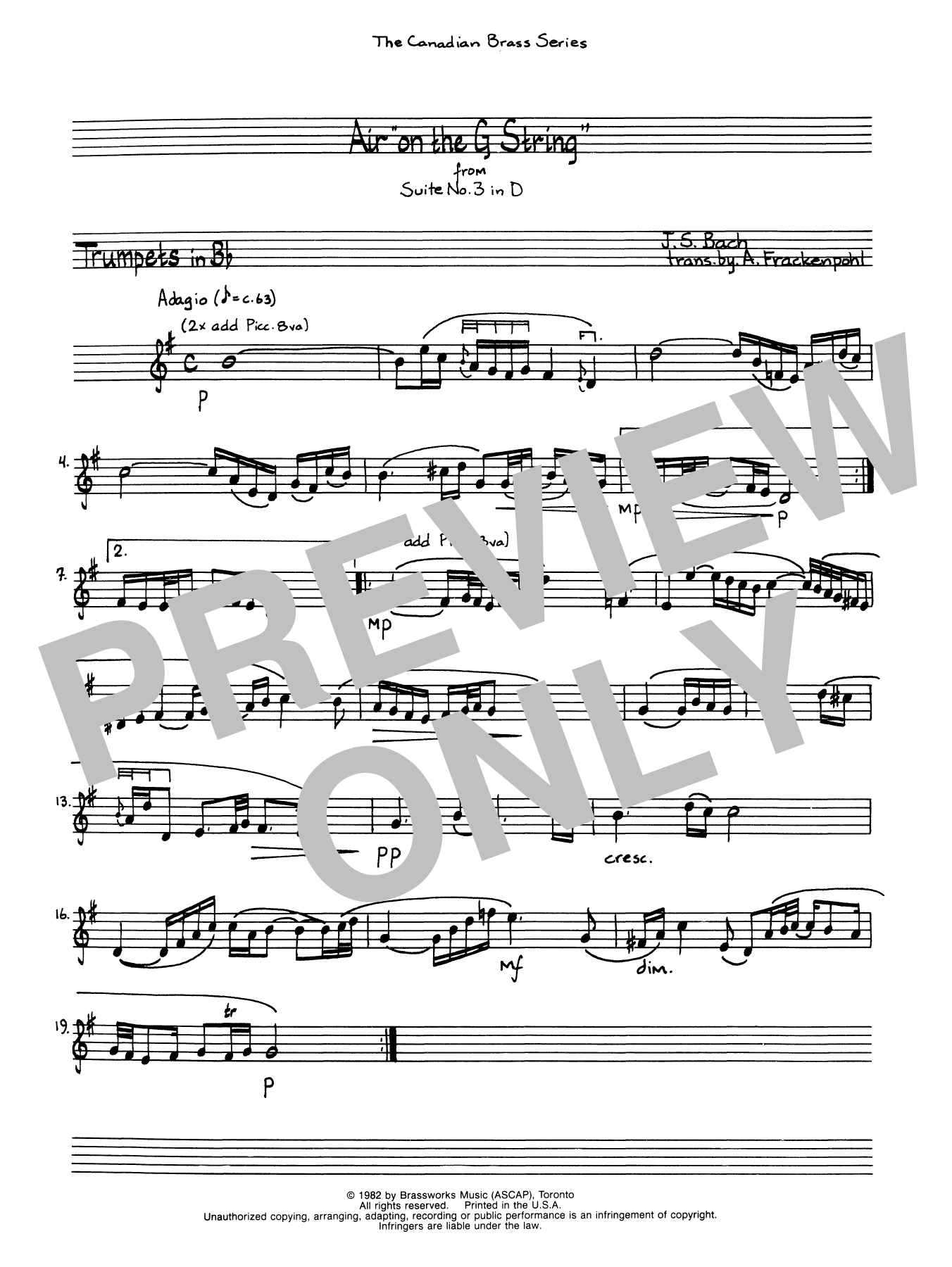 Preview A. Frackenpohl Air On The G String - Bb Trumpet 1 (Brass Quintet) Classical sheet music, notes and chords for Brass Ensemble, SKU: 366519 Download A. Frackenpohl Air On The G String - Bb Trumpet 1 (Brass Quintet) sheet music and printable PDF score & Classical music notes