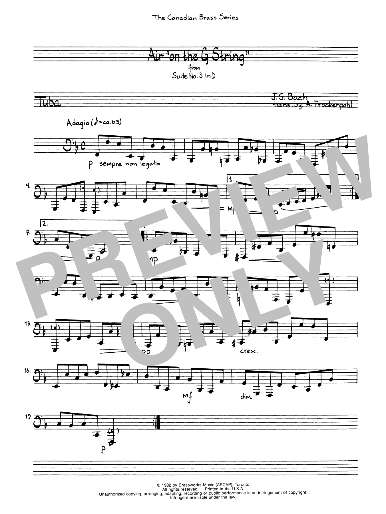 Preview A. Frackenpohl Air On The G String - Tuba Classical sheet music, notes and chords for Brass Ensemble, SKU: 366522 Download A. Frackenpohl Air On The G String - Tuba sheet music and printable PDF score & Classical music notes