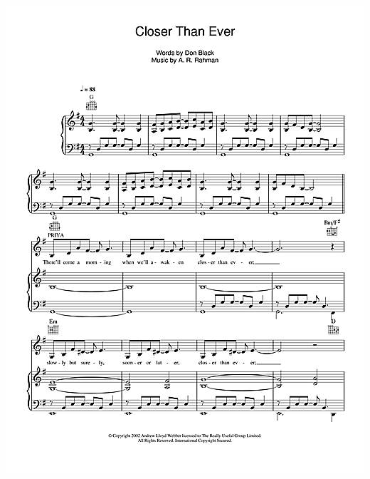Preview A. R. Rahman Closer Than Ever Film and TV sheet music, notes and chords for Piano, Vocal & Guitar, SKU: 114765 sheet music, piano notes, chords, guitar tabs, score, transpose, transcribe, how to play, guide, download, learn, tutorial, progression, song, artist, awards, billboard, mtv, vh1, tour, single, album, release