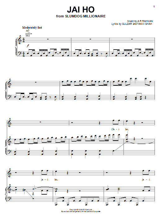 Preview A. R. Rahman Jai Ho Film and TV sheet music, notes and chords for Piano, Vocal & Guitar, SKU: 114899 sheet music, piano notes, chords, guitar tabs, score, transpose, transcribe, how to play, guide, download, learn, tutorial, progression, song, artist, awards, billboard, mtv, vh1, tour, single, album, release