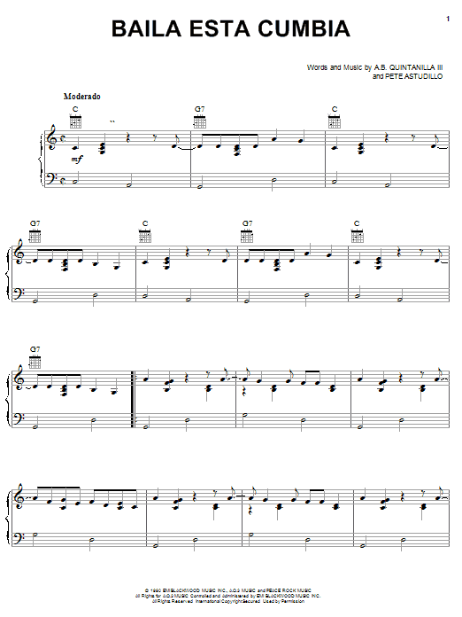 Preview A.B. Quintanilla III Baila Esta Cumbia World sheet music, notes and chords for Piano, Vocal & Guitar (Right-Hand Melody), SKU: 24028 Download A.B. Quintanilla III Baila Esta Cumbia sheet music and printable PDF score & World music notes
