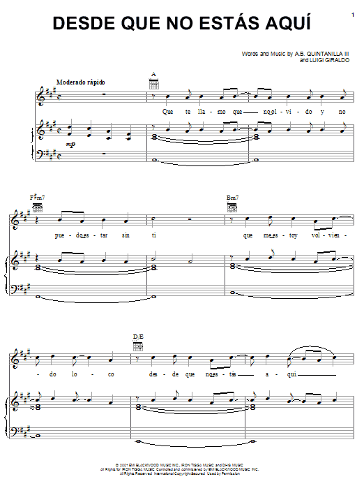 Preview A.B. Quintanilla III Desde Que No Estas Aqui World sheet music, notes and chords for Piano, Vocal & Guitar (Right-Hand Melody), SKU: 24055 sheet music, piano notes, chords, guitar tabs, score, transpose, transcribe, how to play, guide, download, learn, tutorial, progression, song, artist, awards, billboard, mtv, vh1, tour, single, album, release
