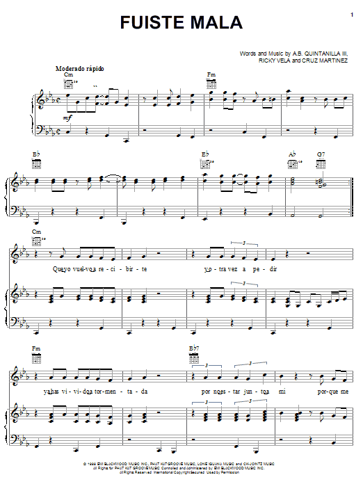 Preview A.B. Quintanilla III Fuiste Mala World sheet music, notes and chords for Piano, Vocal & Guitar (Right-Hand Melody), SKU: 24054 Download A.B. Quintanilla III Fuiste Mala sheet music and printable PDF score & World music notes