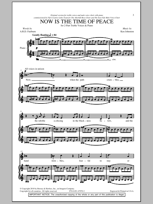 Preview A.R.D. Fairburn Now Is The Time Of Peace Festival sheet music, notes and chords for 2-Part Choir, SKU: 76223 Download A.R.D. Fairburn Now Is The Time Of Peace sheet music and printable PDF score & Festival music notes