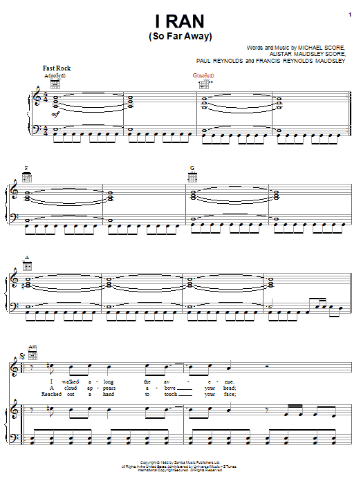 Preview A Flock Of Seagulls I Ran (So Far Away) Rock sheet music, notes and chords for Piano, Vocal & Guitar (Right-Hand Melody), SKU: 62911 Download A Flock Of Seagulls I Ran (So Far Away) sheet music and printable PDF score & Rock music notes