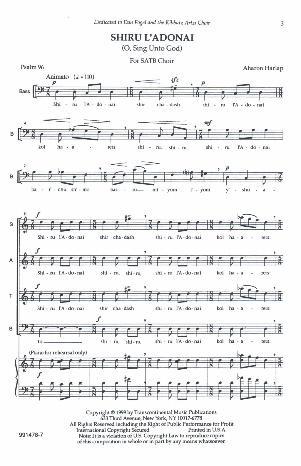 Aahron Harlap Shiru L'adonai (O Sing Unto God) Sheet Music & Chords for SATB Choir - Download or Print PDF