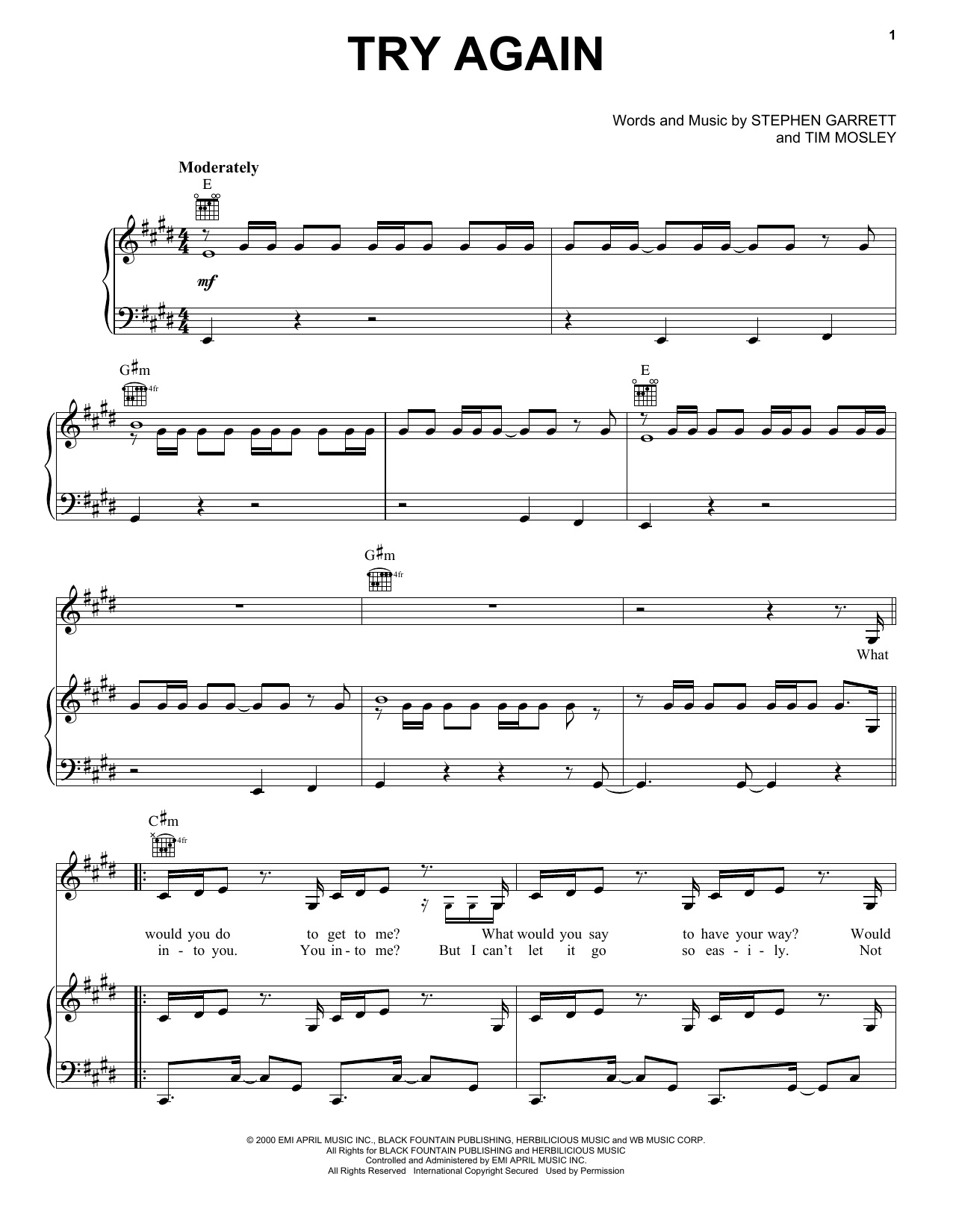 Aaliyah Try Again Sheet Music & Chords for Piano, Vocal & Guitar (Right-Hand Melody) - Download or Print PDF