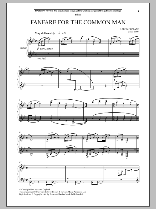 Aaron Copland Fanfare For The Common Man Sheet Music & Chords for Piano Duet - Download or Print PDF