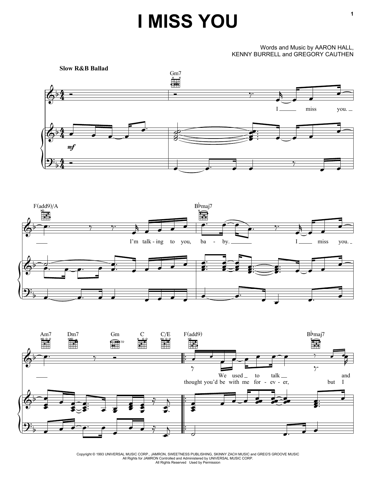 Aaron Hall I Miss You Sheet Music & Chords for Piano, Vocal & Guitar Chords (Right-Hand Melody) - Download or Print PDF