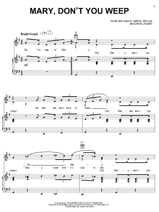 Aaron Neville Mary Don't You Weep Sheet Music & Chords for Piano, Vocal & Guitar (Right-Hand Melody) - Download or Print PDF