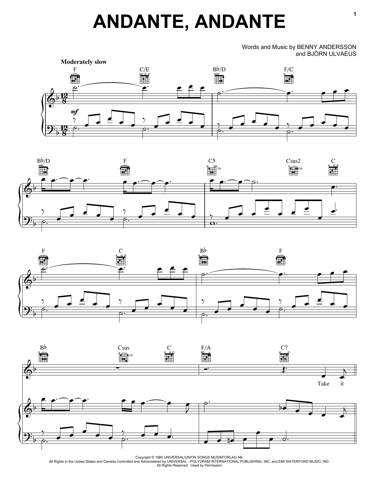 Preview ABBA Andante, Andante (from Mamma Mia! Here We Go Again) Musicals sheet music, notes and chords for Piano, Vocal & Guitar (Right-Hand Melody), SKU: 254806 sheet music, piano notes, chords, guitar tabs, score, transpose, transcribe, how to play, guide, download, learn, tutorial, progression, song, artist, awards, billboard, mtv, vh1, tour, single, album, release