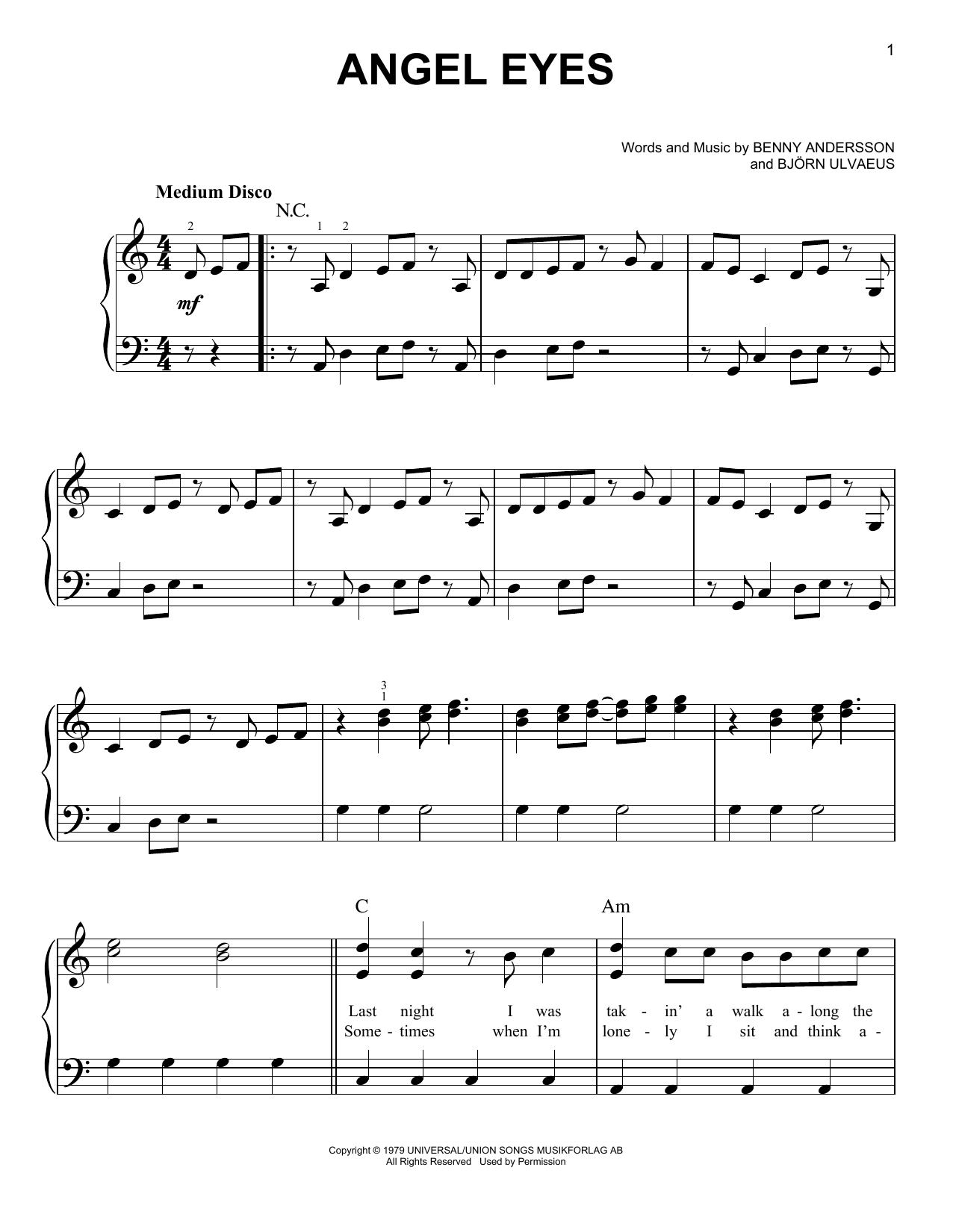 Preview ABBA Angeleyes (from Mamma Mia! Here We Go Again) Musicals sheet music, notes and chords for Easy Piano, SKU: 254843 sheet music, piano notes, chords, guitar tabs, score, transpose, transcribe, how to play, guide, download, learn, tutorial, progression, song, artist, awards, billboard, mtv, vh1, tour, single, album, release