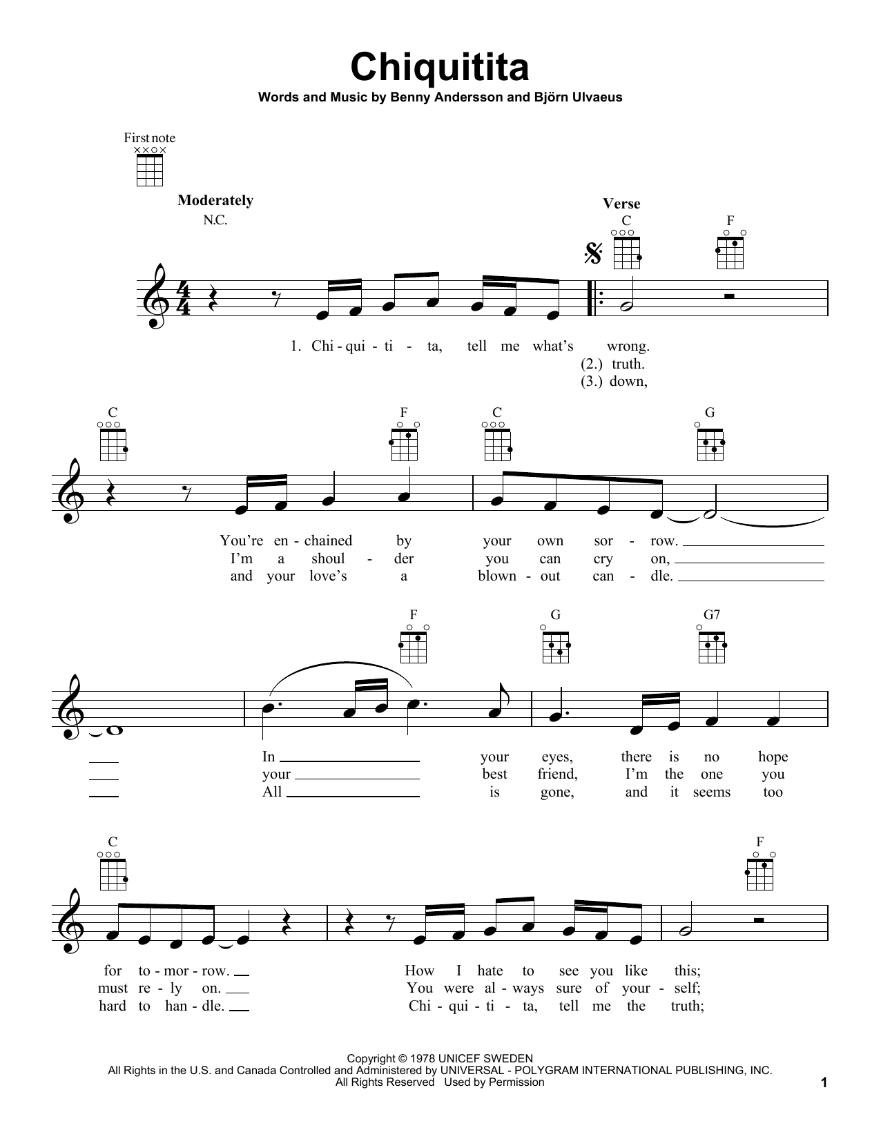 Preview ABBA Chiquitita Disco sheet music, notes and chords for Ukulele with strumming patterns, SKU: 120668 sheet music, piano notes, chords, guitar tabs, score, transpose, transcribe, how to play, guide, download, learn, tutorial, progression, song, artist, awards, billboard, mtv, vh1, tour, single, album, release