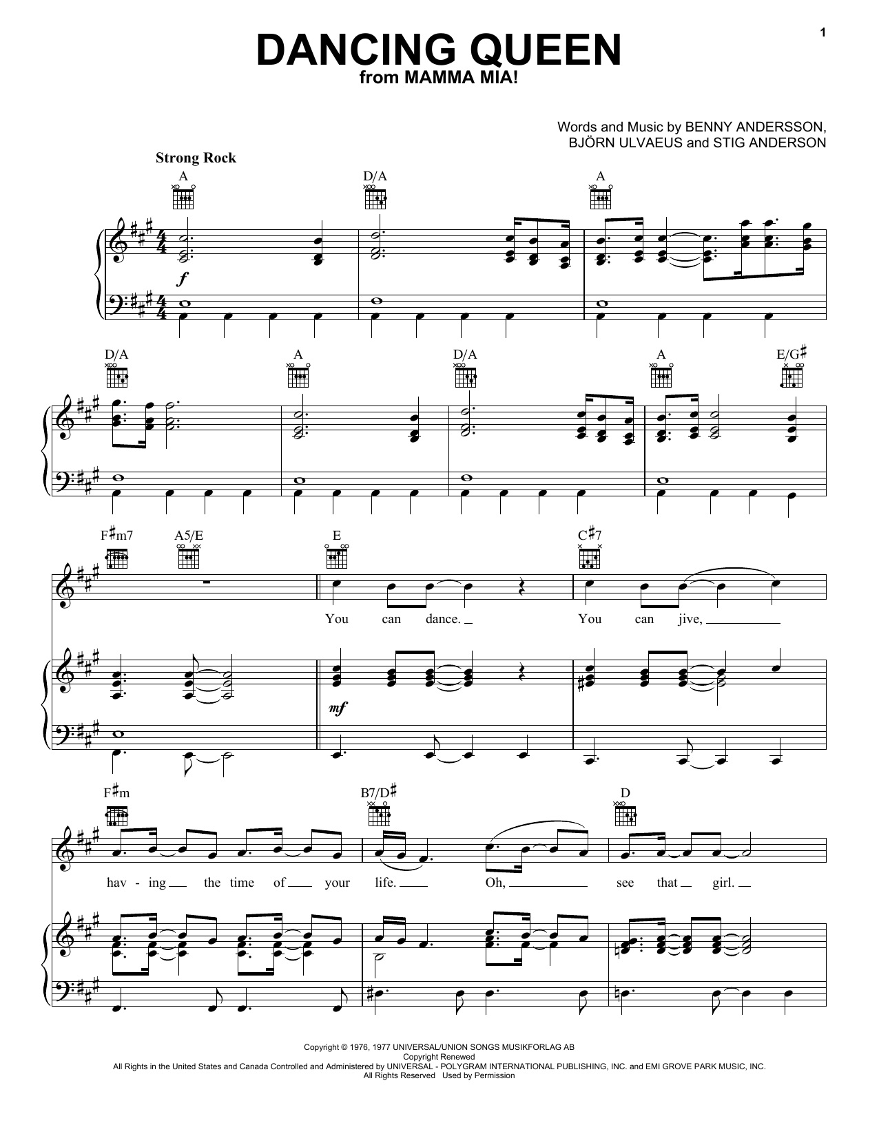 Download ABBA Dancing Queen sheet music and printable PDF score & Pop music notes