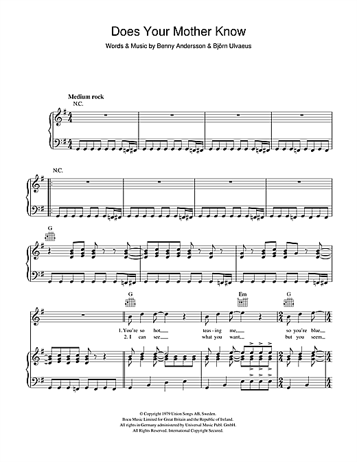 Preview ABBA Does Your Mother Know Pop sheet music, notes and chords for Piano Chords/Lyrics, SKU: 357355 sheet music, piano notes, chords, guitar tabs, score, transpose, transcribe, how to play, guide, download, learn, tutorial, progression, song, artist, awards, billboard, mtv, vh1, tour, single, album, release